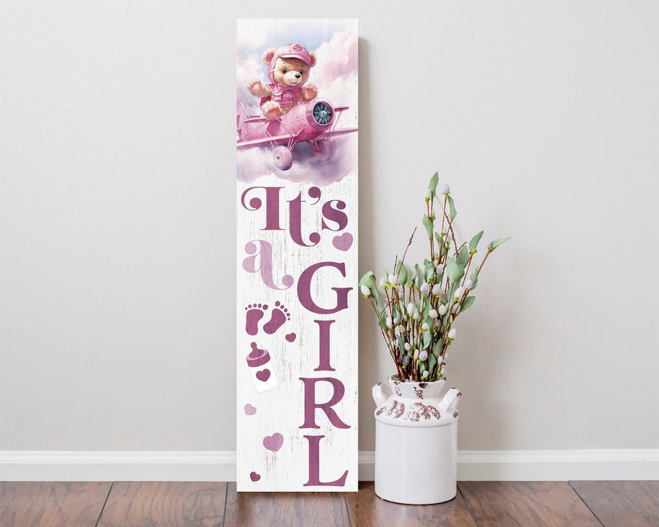 36" Pink And White Solid Wood New Baby Porch Sign