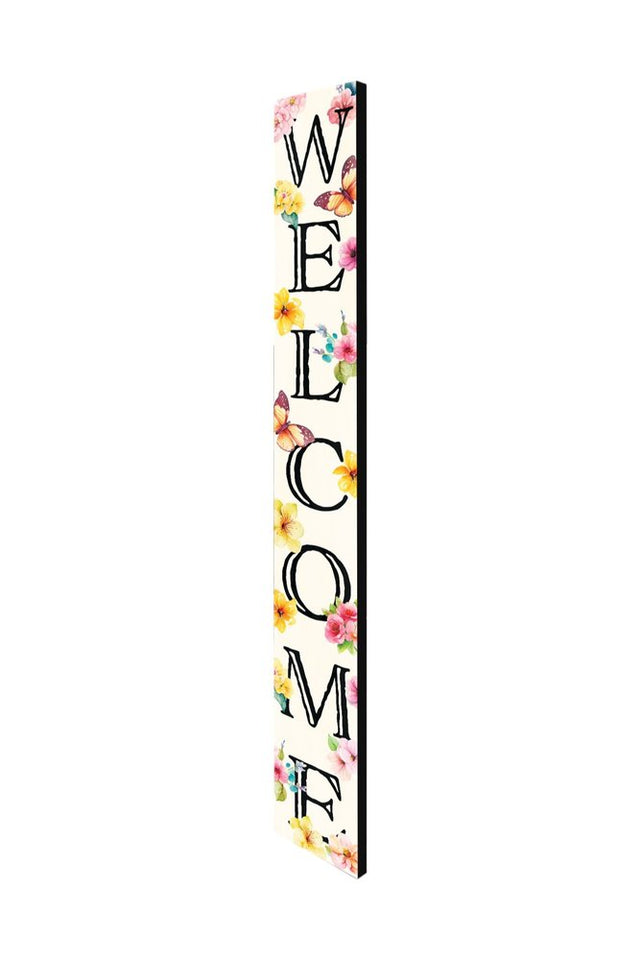 72" White Black And Pink Solid Wood Watercolor Floral Welcome Porch Sign
