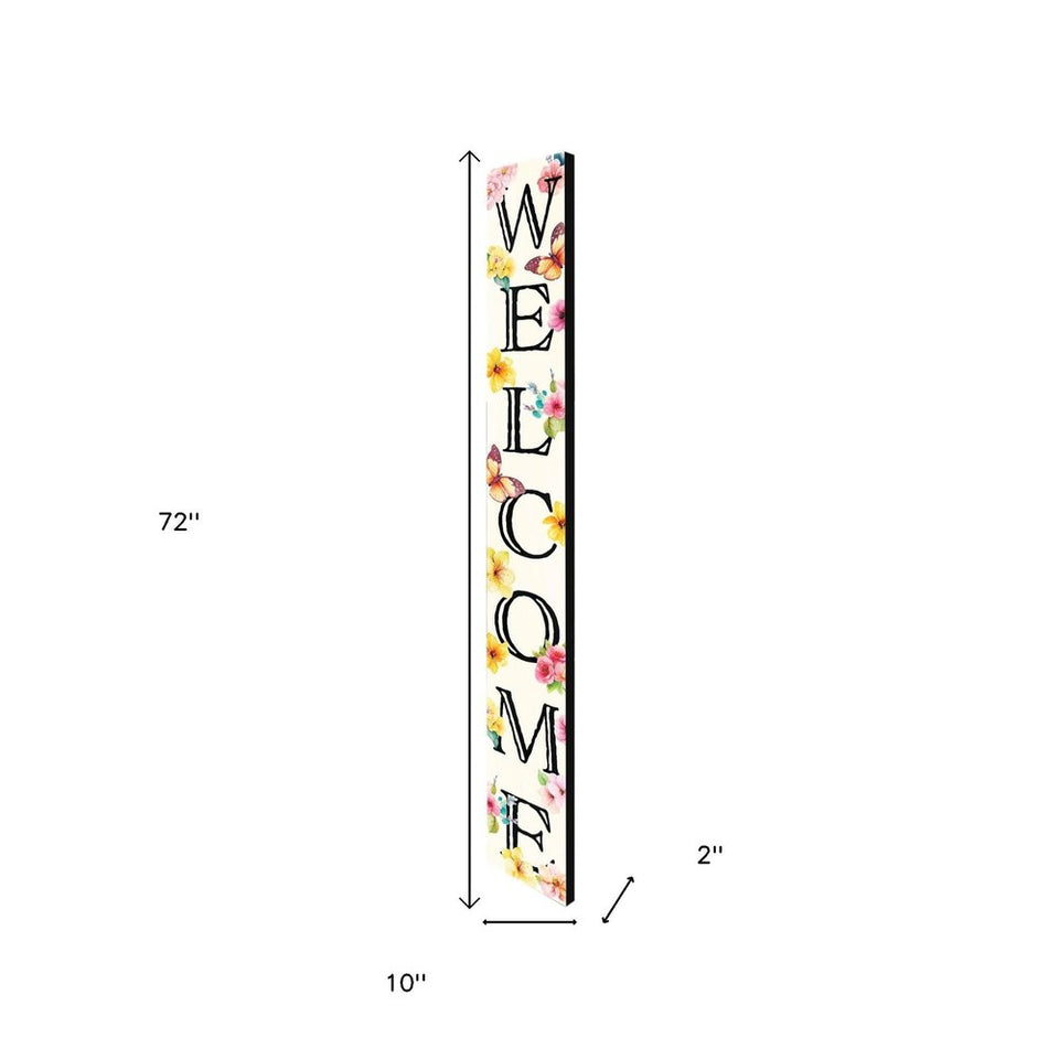72" White Black And Pink Solid Wood Watercolor Floral Welcome Porch Sign
