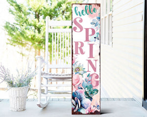 36" White Pink And Blue Solid Wood Floral Bouquet Hello Spring Porch Sign