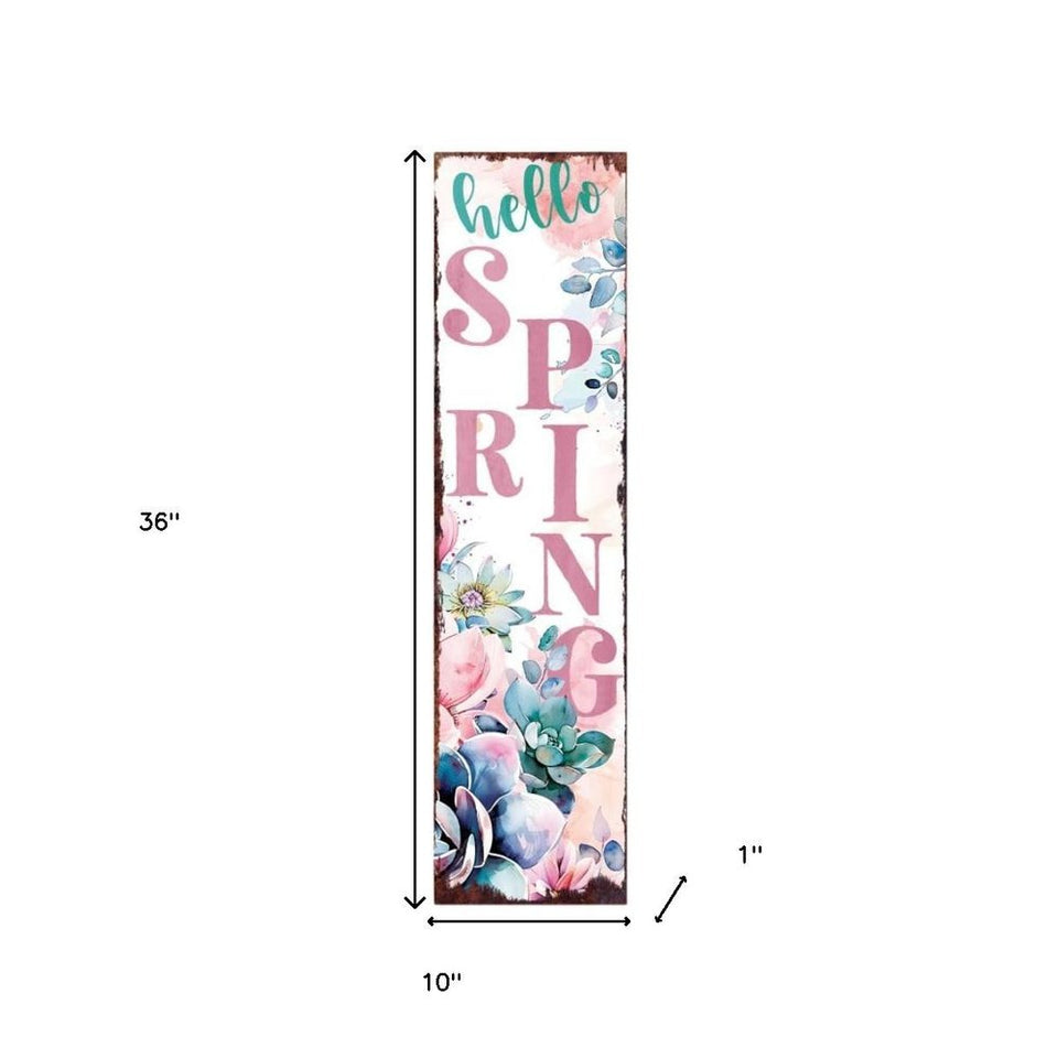 36" White Pink And Blue Solid Wood Floral Bouquet Hello Spring Porch Sign