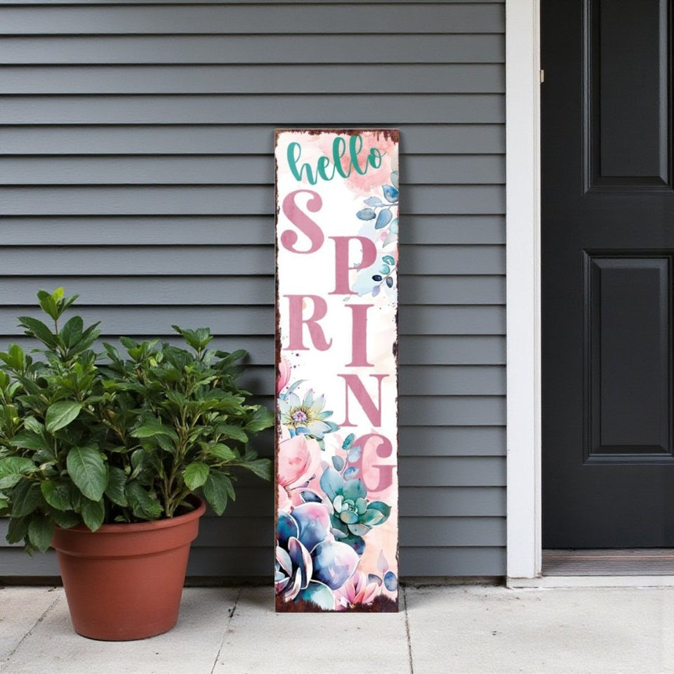 36" White Pink And Blue Solid Wood Floral Bouquet Hello Spring Porch Sign