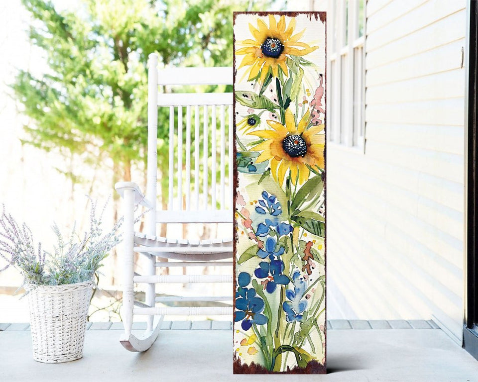 36" White Yellow And Blue Green Solid Wood Watercolor Floral Porch Sign