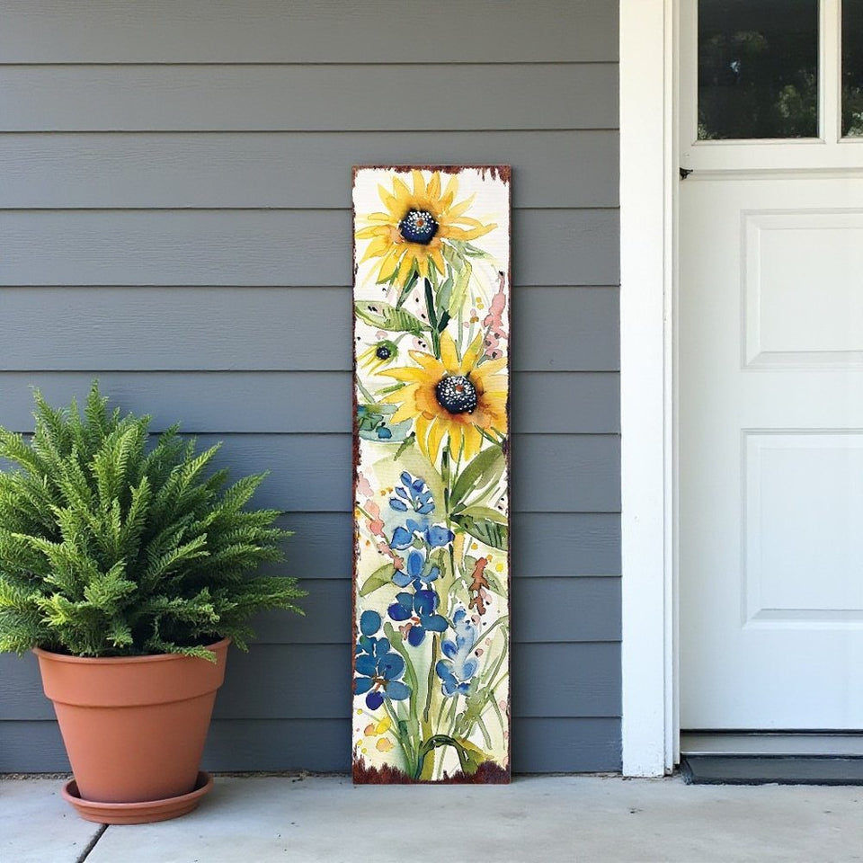 36" White Yellow And Blue Green Solid Wood Watercolor Floral Porch Sign