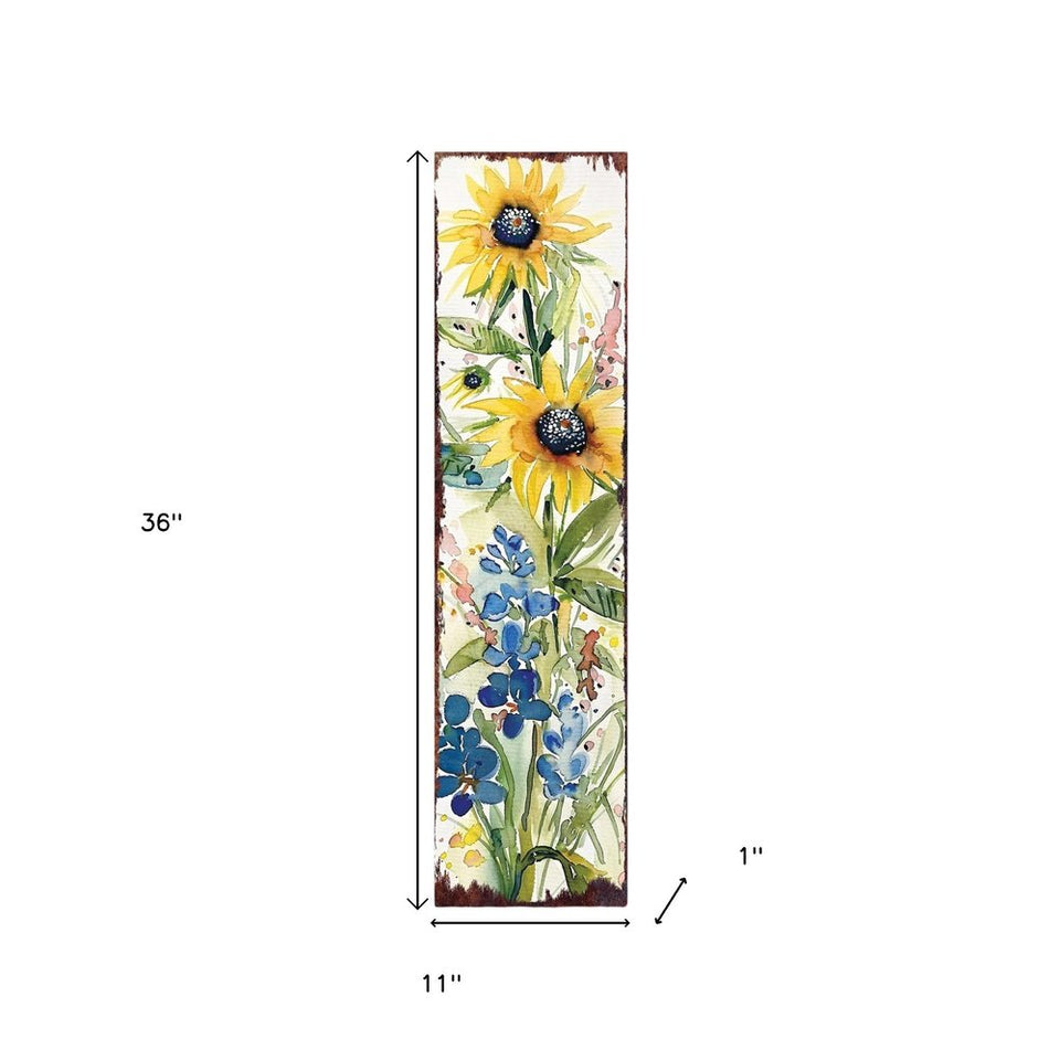 36" White Yellow And Blue Green Solid Wood Watercolor Floral Porch Sign