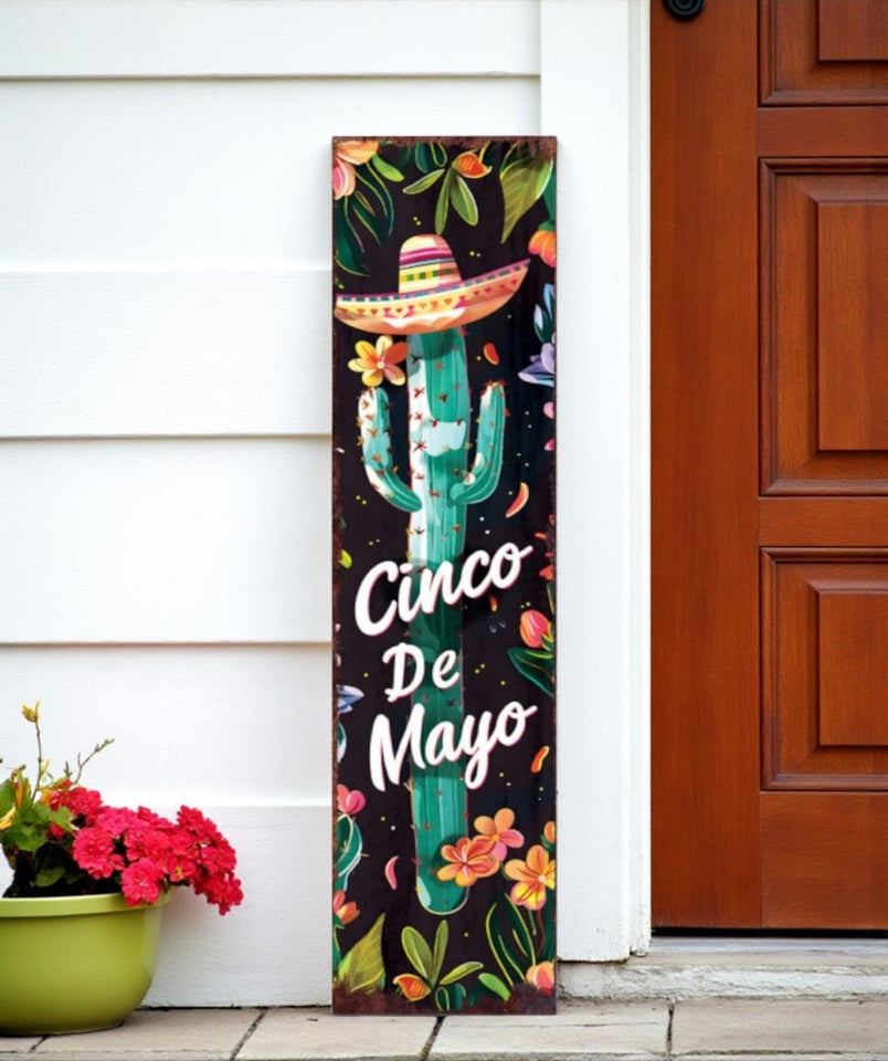 36" Black And Green Solid Wood Cinco de Mayo Cactus Porch Sign