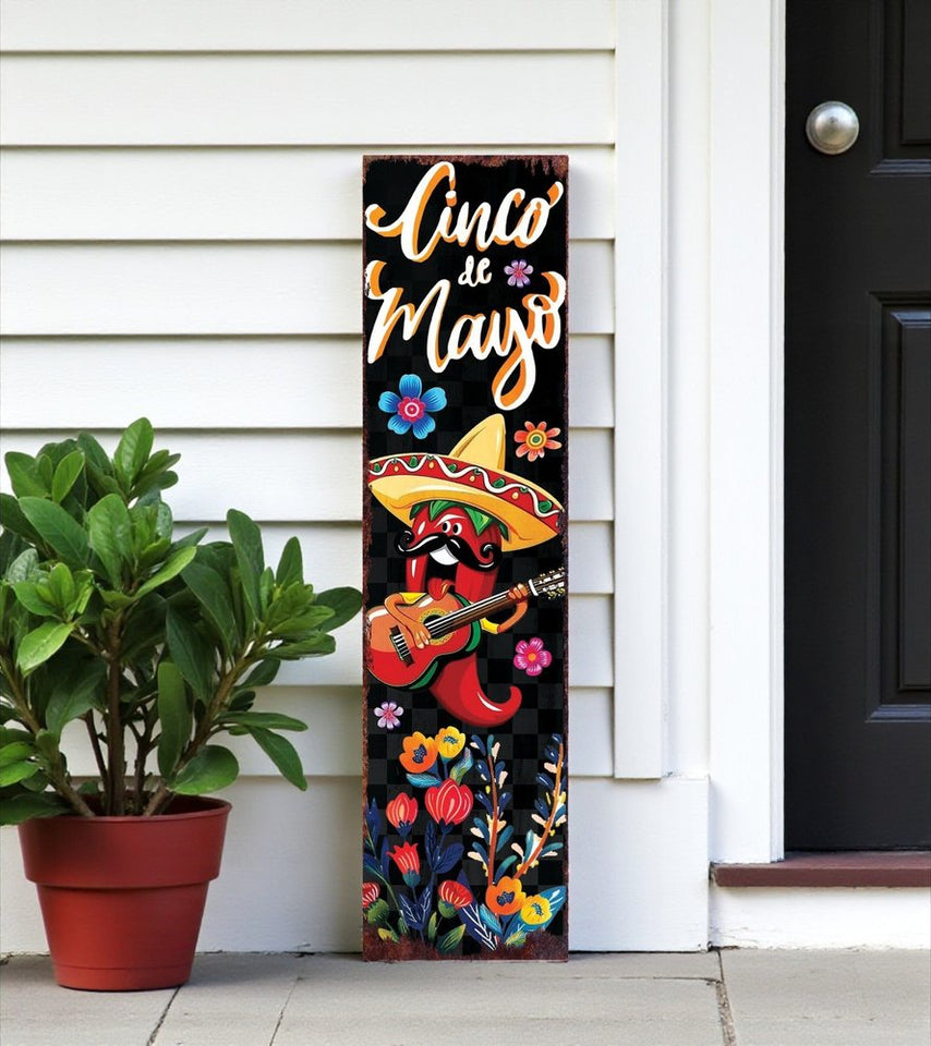 36" Black Red And Green Solid Wood Cinco de Mayo Tree Porch Sign