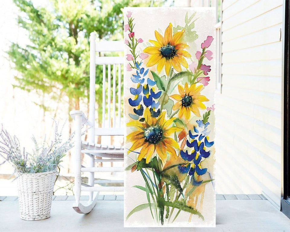 36"White  Blue Green And Yellow Solid Wood Sunflowers Porch Sign