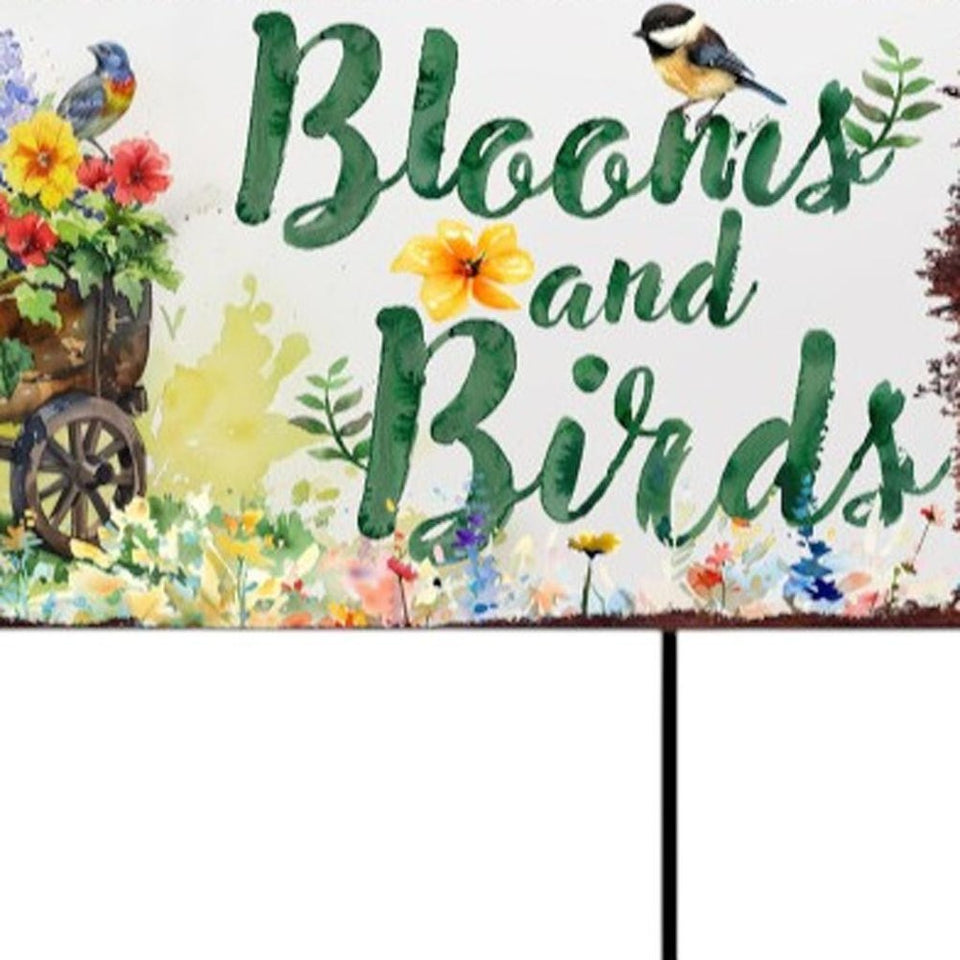 32" Green Pink And White Solid Wood Floral Bouquet Birds Garden Stake