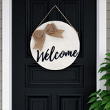 14" White Solid Wood Welcome And Hello Bow Reversible Hanging Wall Or Door Decor