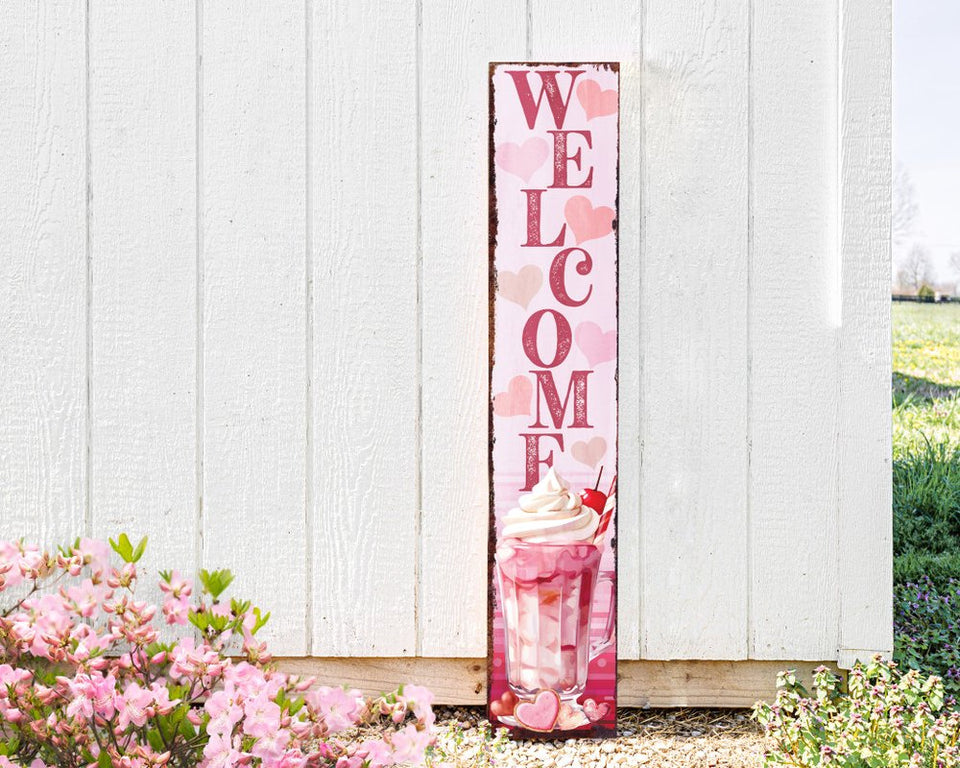 48" Pink Solid Wood Hearts Welcome Porch Sign