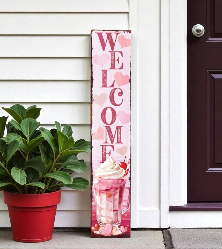 48" Pink Solid Wood Hearts Welcome Porch Sign