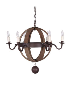 Brown And Black Wood and Metal Sphere Six Light Dimmable Chandelier