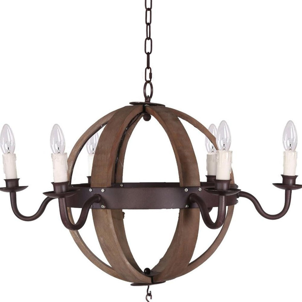 Brown And Black Wood and Metal Sphere Six Light Dimmable Chandelier
