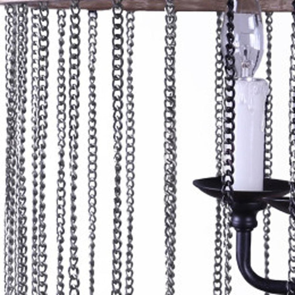 Black And Natural Wood and Metal Cylinder Six Light Dimmable Chandelier