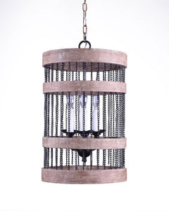 Black And Natural Wood and Metal Cylinder Three Light Dimmable Chandelier