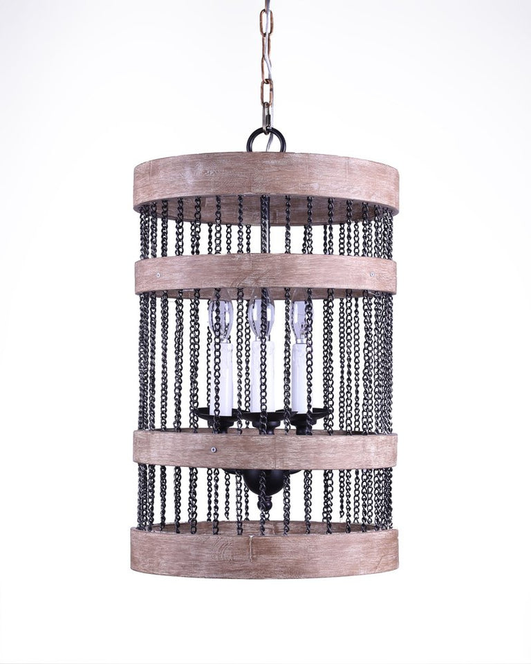 Black And Natural Wood and Metal Cylinder Three Light Dimmable Chandelier