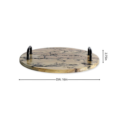 16" Brown And Black Solid Wood Abstract Round Serving Tray With Handles