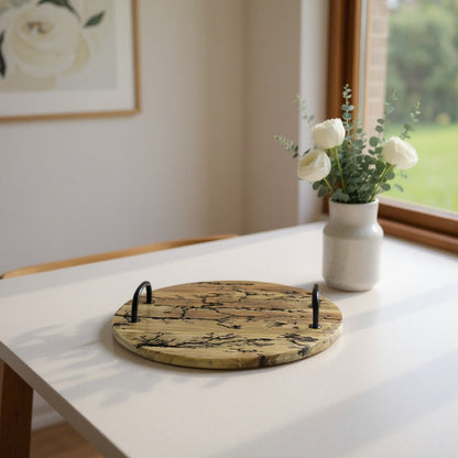 16" Brown And Black Solid Wood Abstract Round Serving Tray With Handles