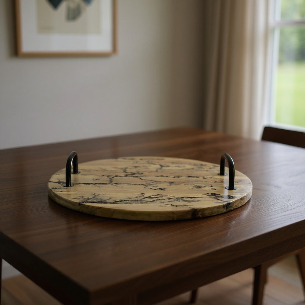 16" Brown And Black Solid Wood Abstract Round Serving Tray With Handles