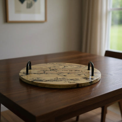 16" Brown And Black Solid Wood Abstract Round Serving Tray With Handles