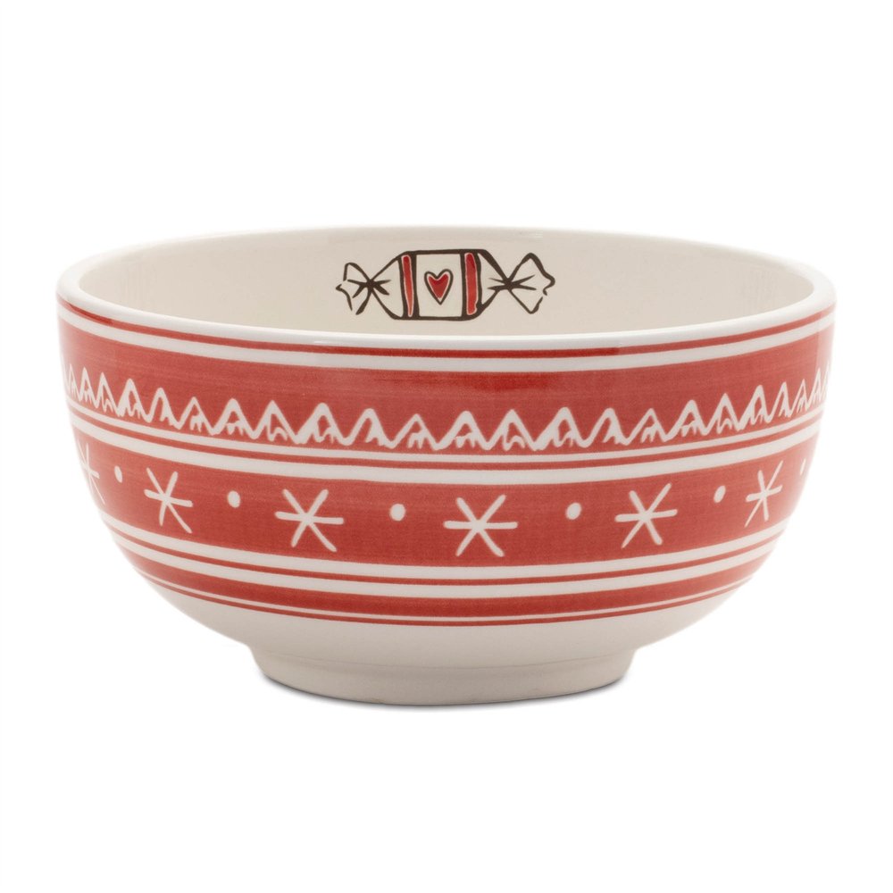 Set of Four 6" Red And White Ceramic Christmas Round Candy or Nut Bowls