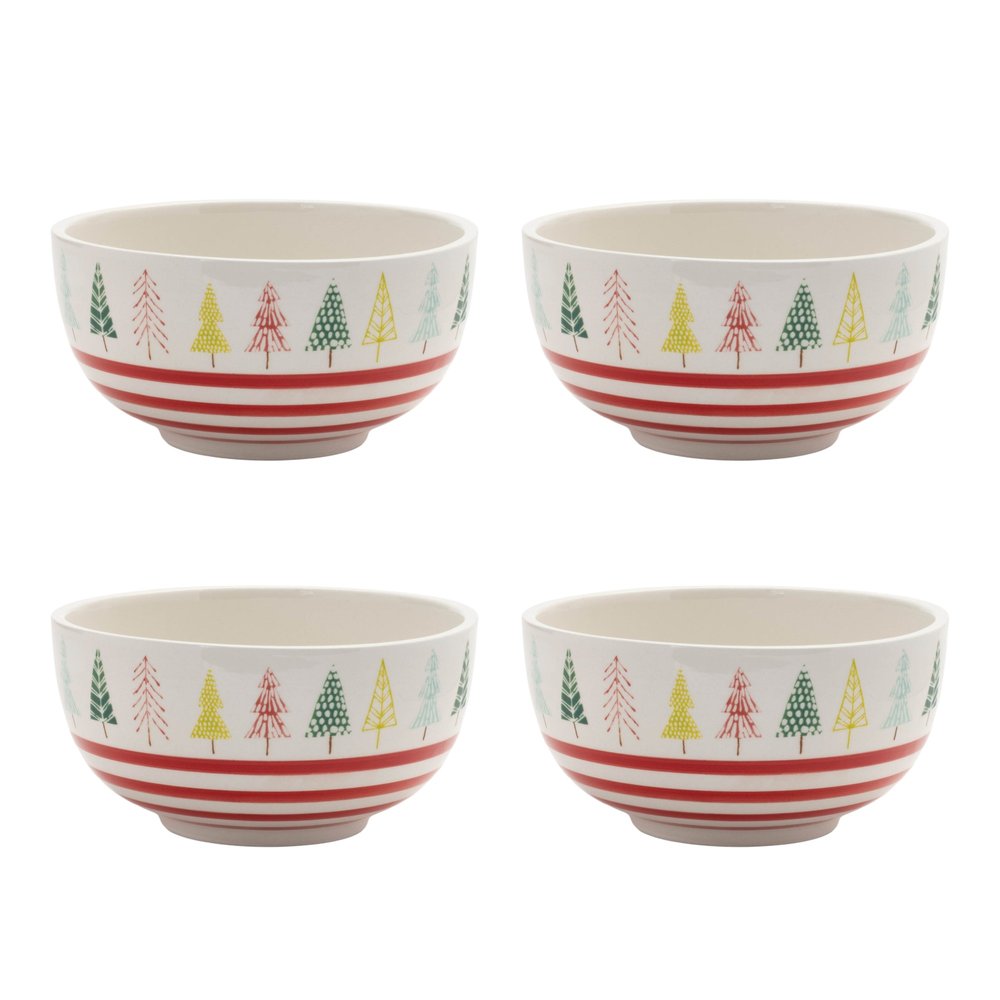 Set of Four 6" White Green And Red Ceramic Christmas Trees Round Candy or Nut Bowls