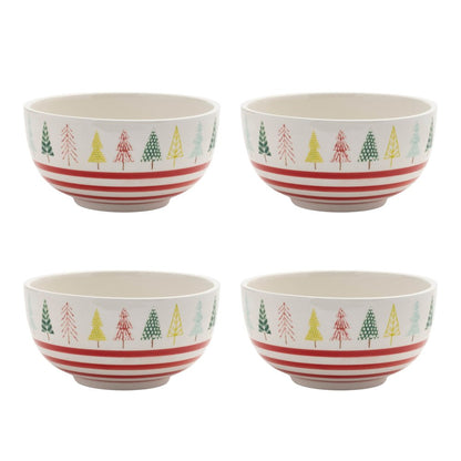 Set of Four 6" White Green And Red Ceramic Christmas Trees Round Candy or Nut Bowls