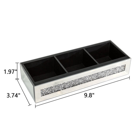 Set Of Two Silver Mirrored Glass Three Section Jewelry Organizers With Faux Crystals