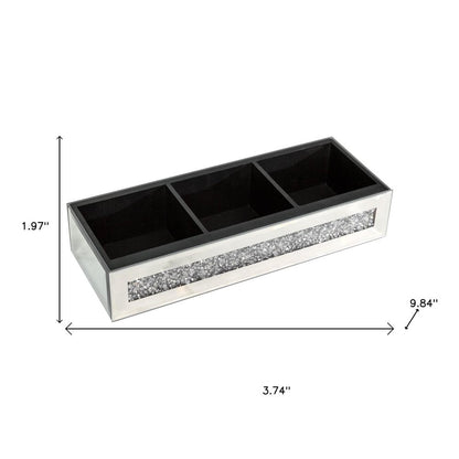 Set Of Two Silver Mirrored Glass Three Section Jewelry Organizers With Faux Crystals