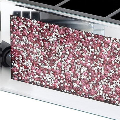 7" Pink And Silver Mirrored Glass Three Section Jewelry Organizer With Faux Crystals