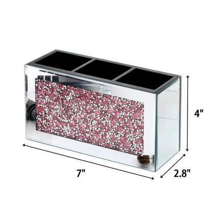 7" Pink And Silver Mirrored Glass Three Section Jewelry Organizer With Faux Crystals