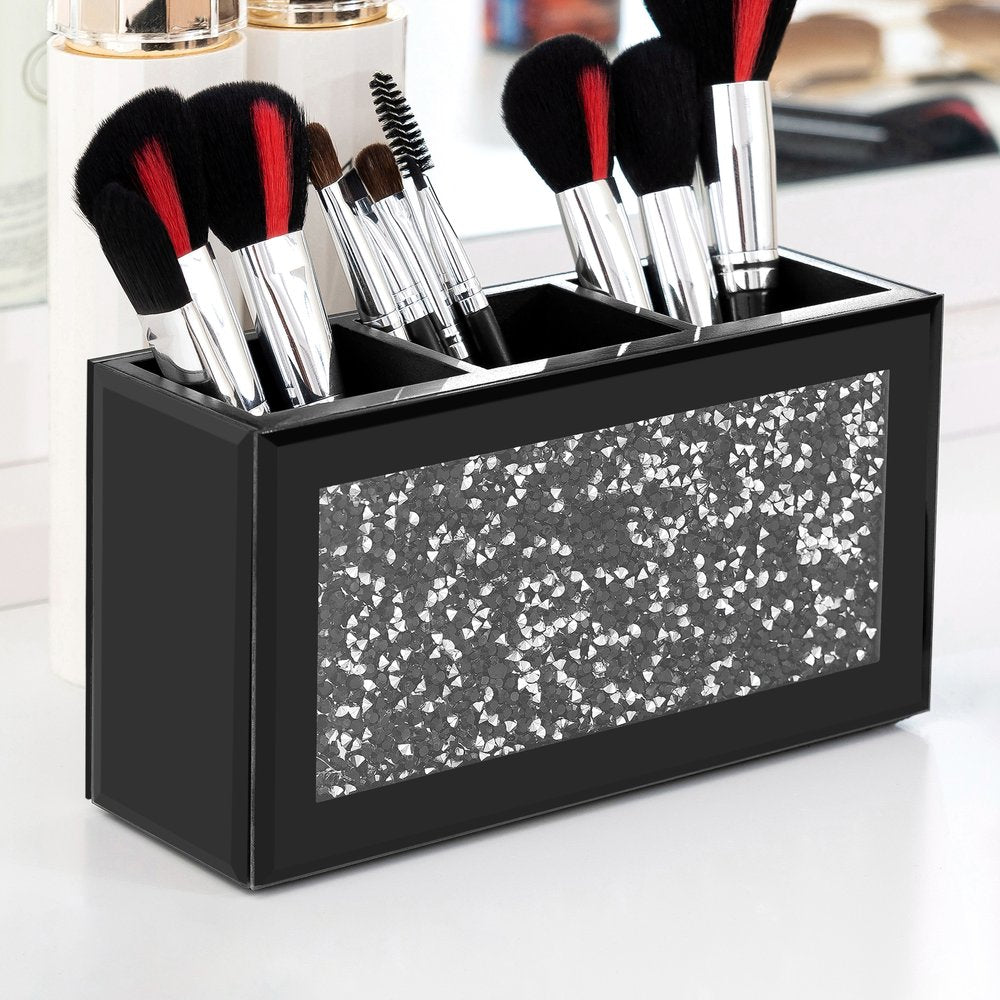 7" Black And Silver Glass Three Section Jewelry Organizer With Faux Crystals