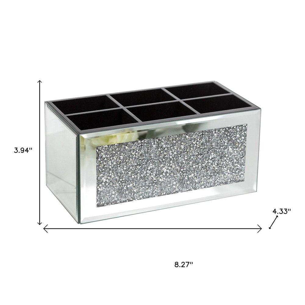 8" Silver Mirrored Glass Six Section Jewelry Organizer With Faux Crystals