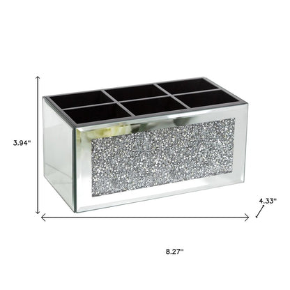 8" Silver Mirrored Glass Six Section Jewelry Organizer With Faux Crystals