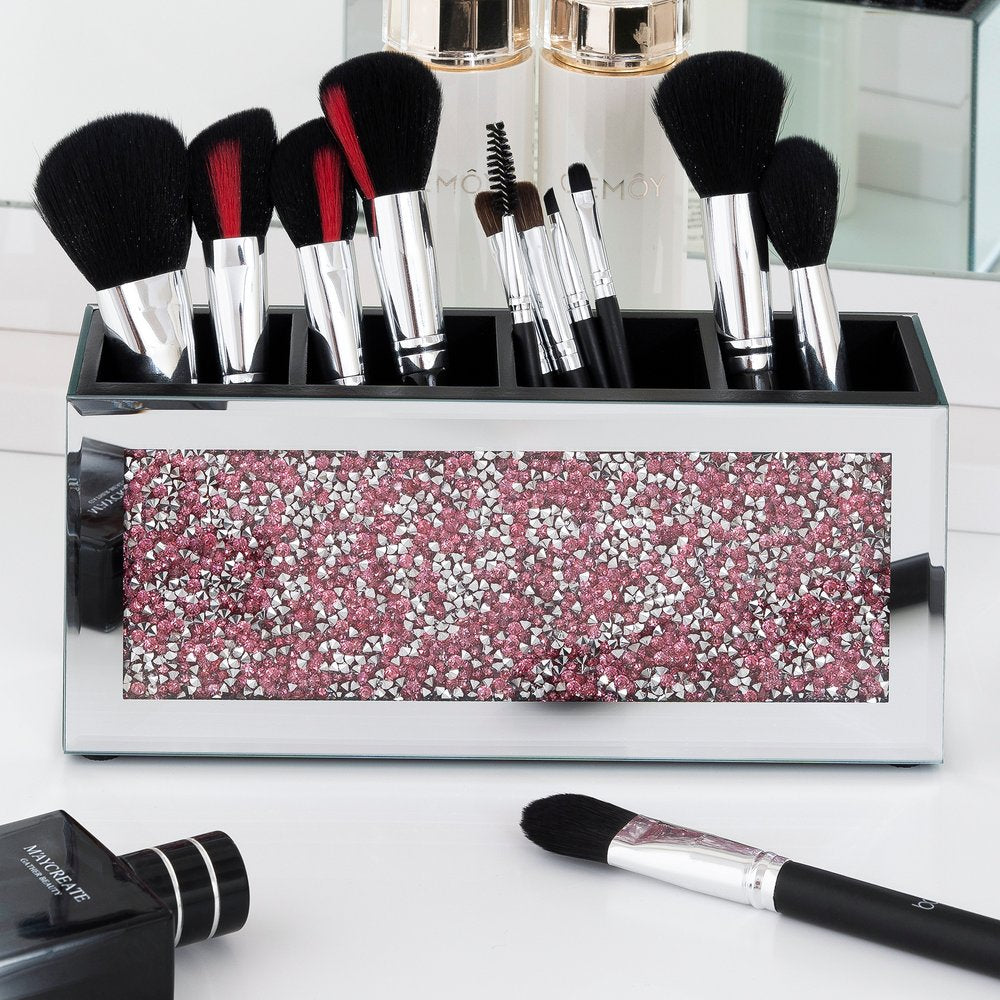 9" Pink And Silver Mirrored Glass Four Section Jewelry Organizer With Faux Crystals