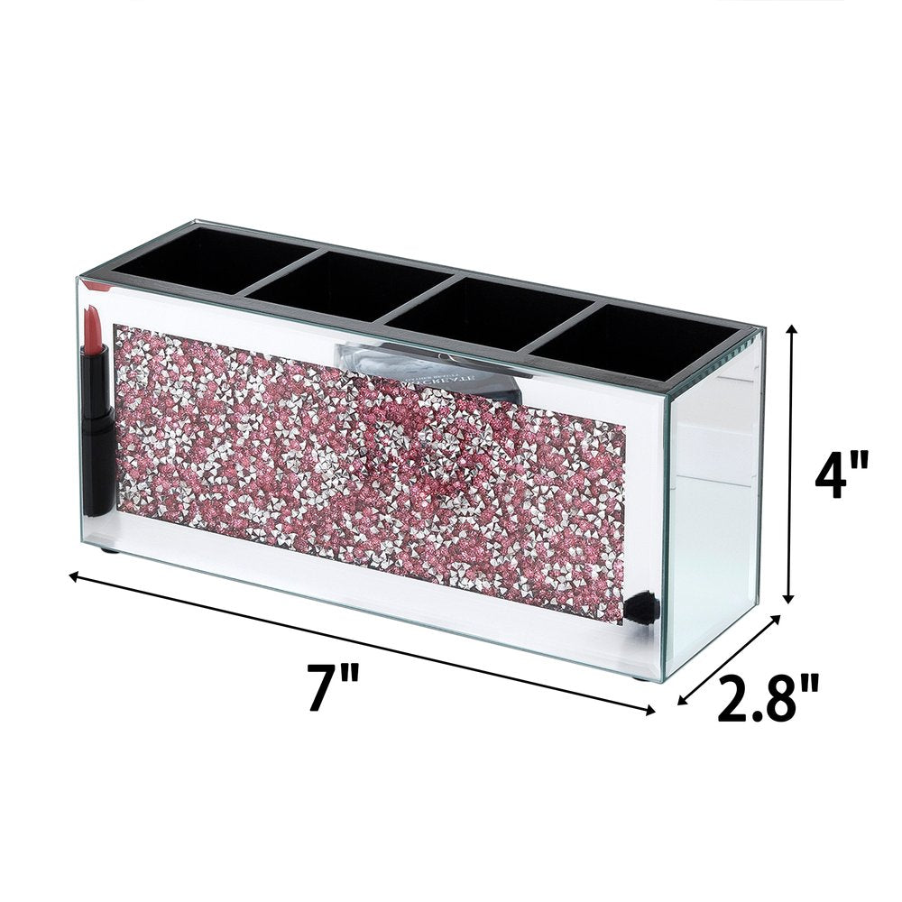 9" Pink And Silver Mirrored Glass Four Section Jewelry Organizer With Faux Crystals