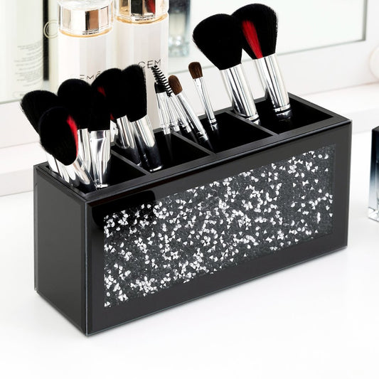 9" Black And Silver Glass Four Section Jewelry Organizer With Faux Crystals
