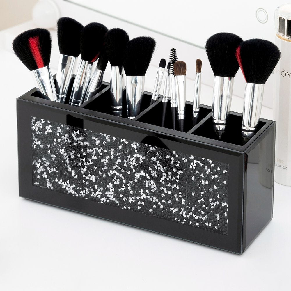9" Black And Silver Glass Four Section Jewelry Organizer With Faux Crystals
