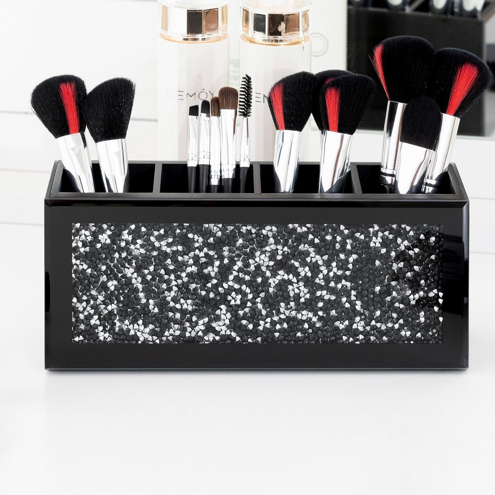 9" Black And Silver Glass Four Section Jewelry Organizer With Faux Crystals