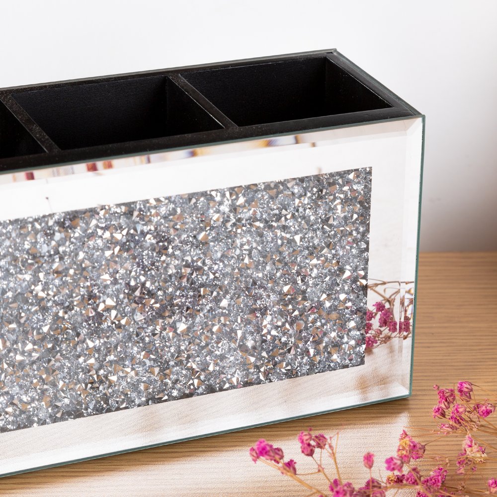 9" Silver Mirrored Glass Four Section Jewelry Organizer With Faux Crystals