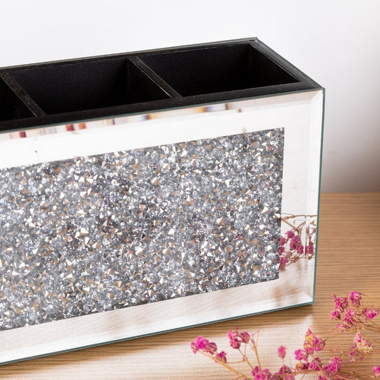 9" Silver Mirrored Glass Four Section Jewelry Organizer With Faux Crystals