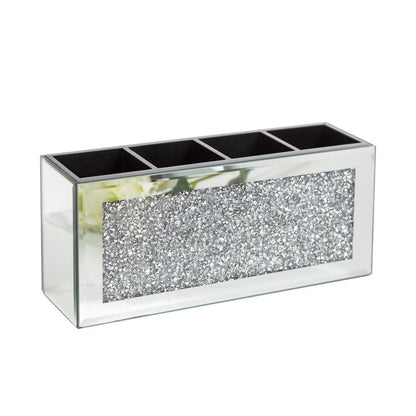 9" Silver Mirrored Glass Four Section Jewelry Organizer With Faux Crystals