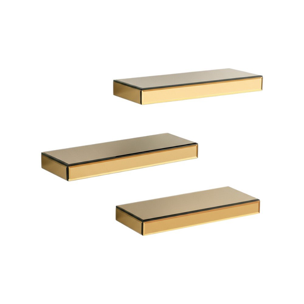 Set Of Three Gold Glass Wall Mounted Floating Shelves