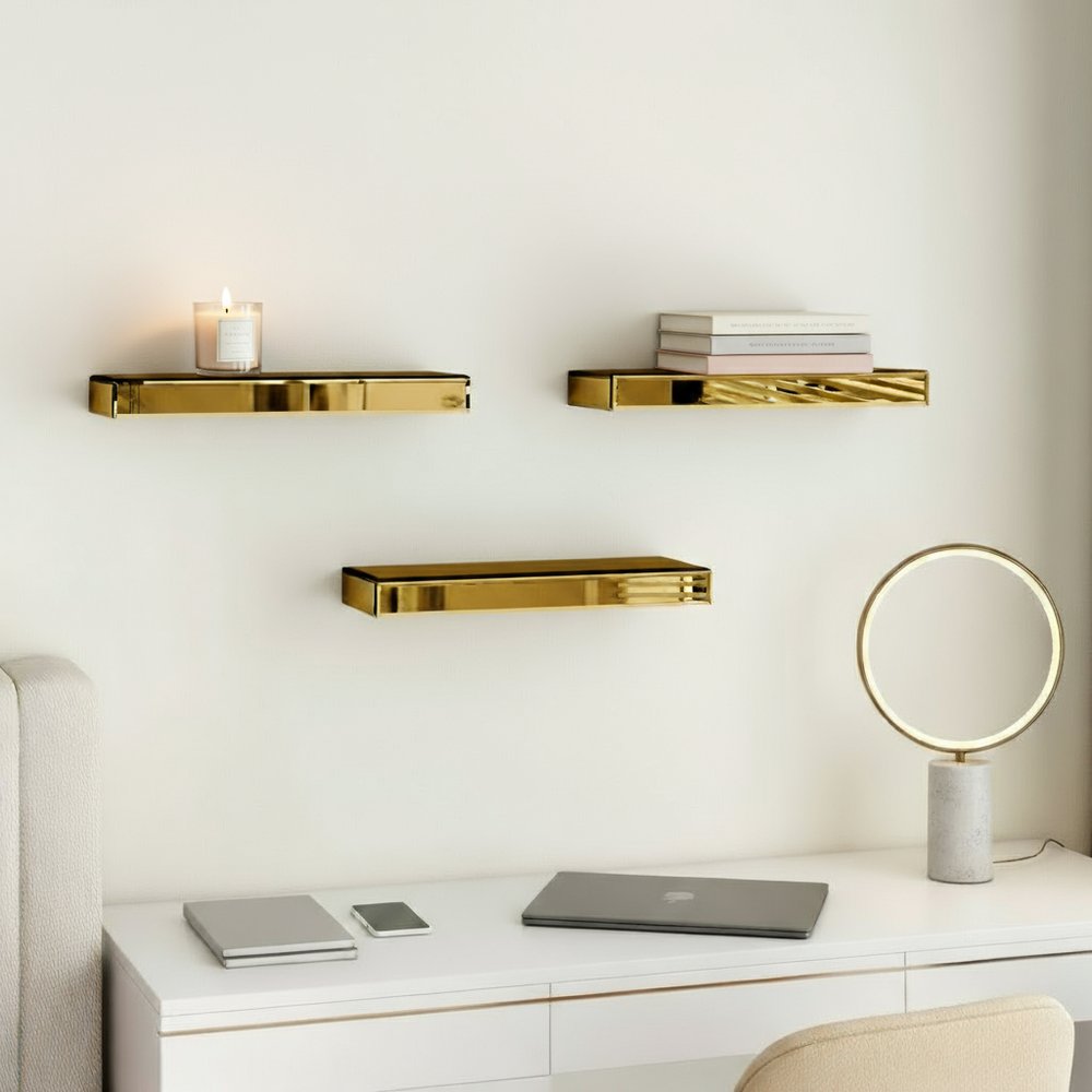 Set Of Three Gold Glass Wall Mounted Floating Shelves