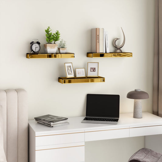 Set Of Three Gold Glass Wall Mounted Floating Shelves