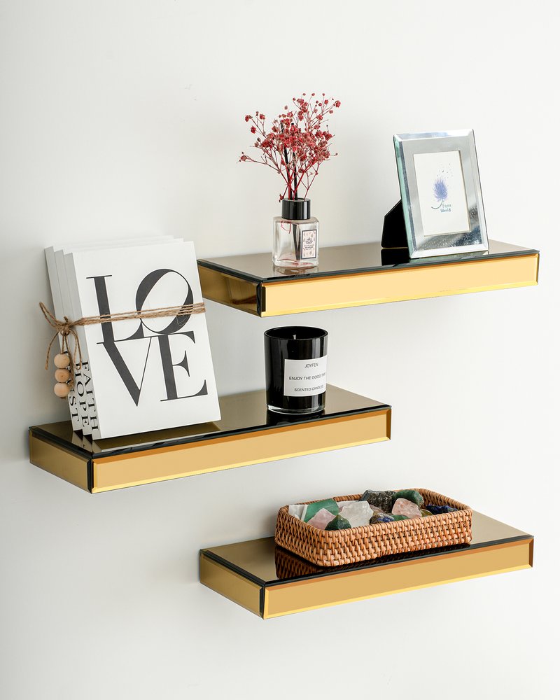Set Of Three Gold Glass Wall Mounted Floating Shelves