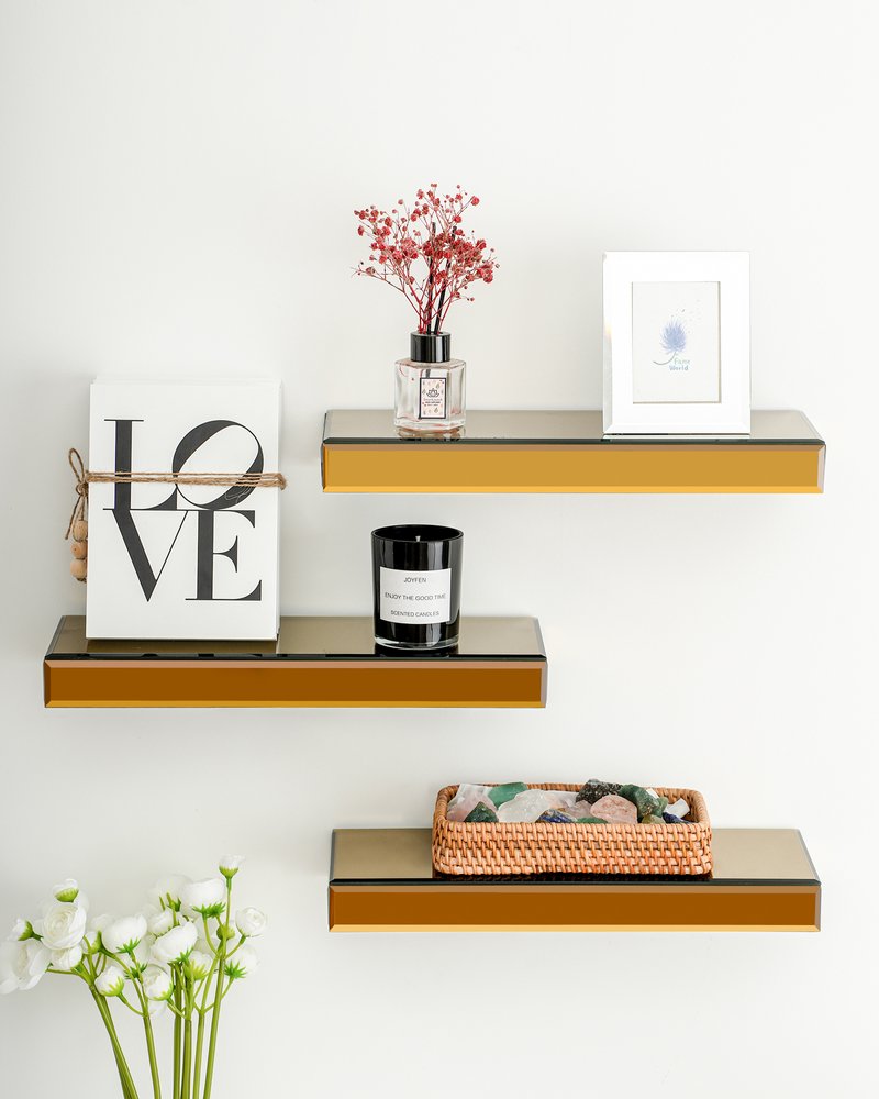 Set Of Three Gold Glass Wall Mounted Floating Shelves