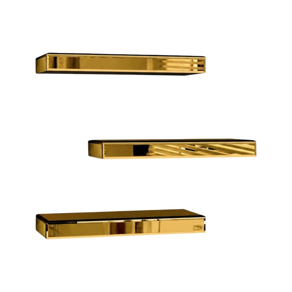 Set Of Three Gold Glass Wall Mounted Floating Shelves