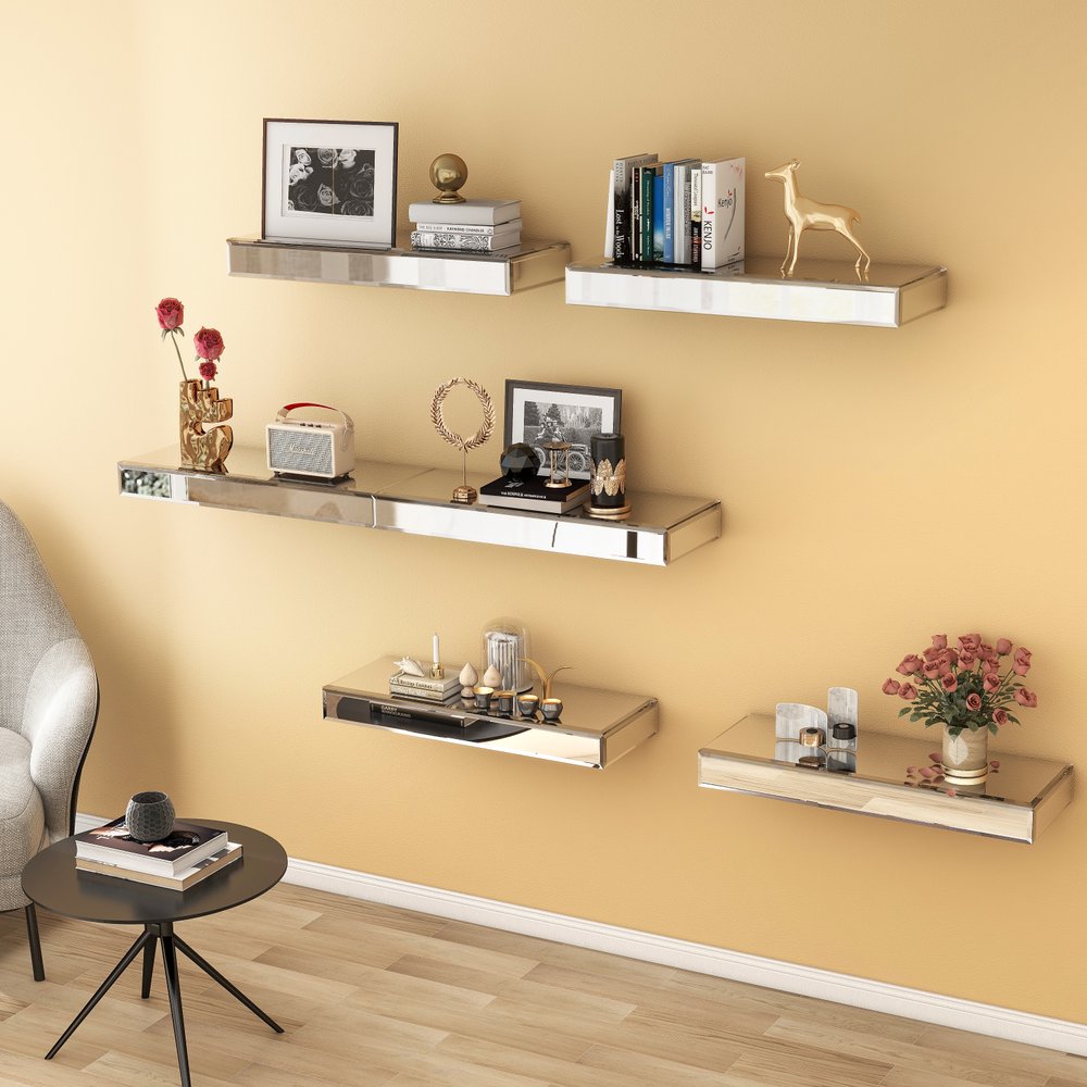 Set Of Three Silver Glass Wall Mounted Floating Shelf
